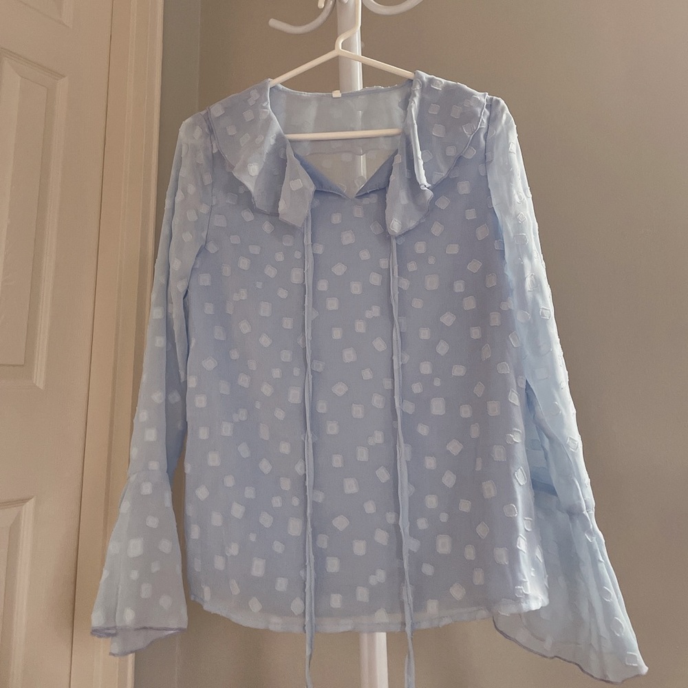 Blue Long bell sleeve Peter Pan frill trim collar chiffon blouse shirt